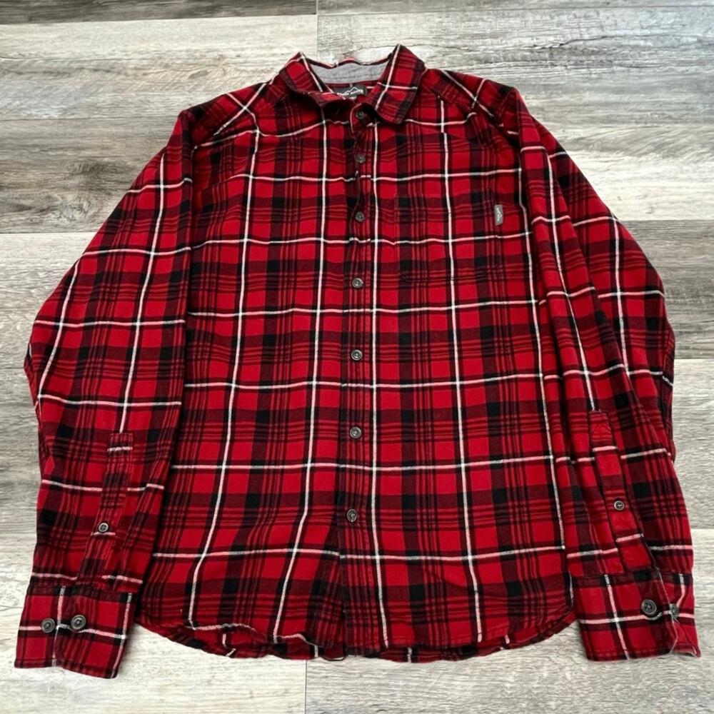 Eddie Bauer Flannel Shirt‎ Red Black Mens XL Tartan Plaid Long Sleeve Button Up